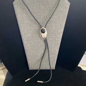 Vintage Silver Tone & Black Adjustable Bolero Tie (sliding pendant) 32”